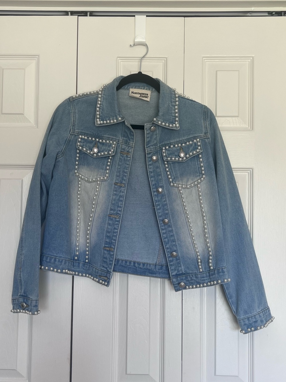 Savanna Jane Light Blue Denim Jacket with Pearl Stud Trim
